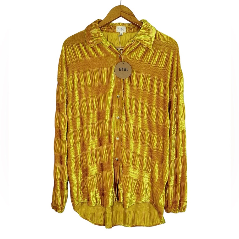 Bibi Gold Velvet Button Down Shirt Oversized Wrinkle Effect Top Mustard NWT - Picture 6 of 16